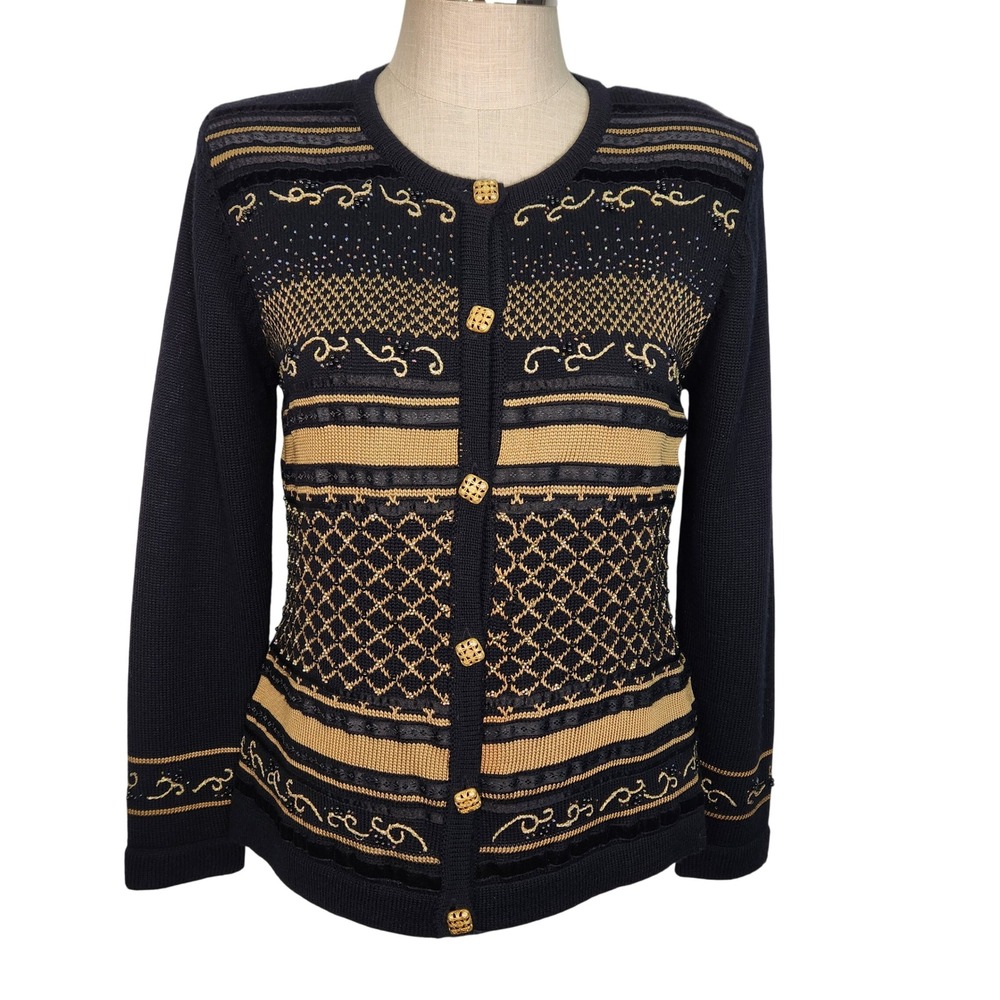 Susan Bristol VTG Embroidered Button Front Cardigan Sweater L Black Gold Beaded